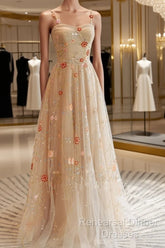 Champagne Floral Tulle Straps Sweetheart Wedding Party Dress, A-Line Tulle Long Semi Formal Prom Dress